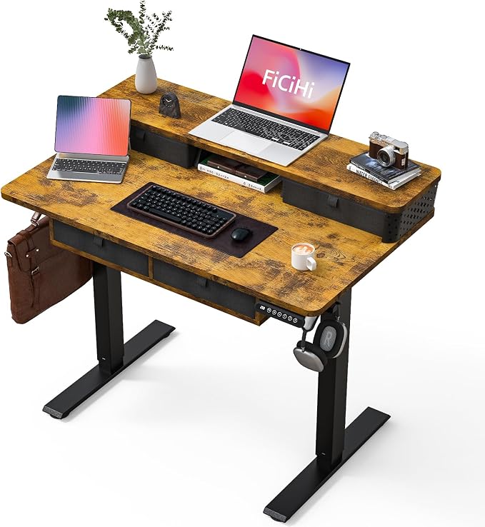 FiCiHi 40x24 Inch Electric Standing Desk, 4 Drawers, Adjustable Height Desk | Small Sit Stand Computer Desks, C-Clamp Compatible Home Office Desk with Monitor Stand, Cable Management, 3 Preset Heights