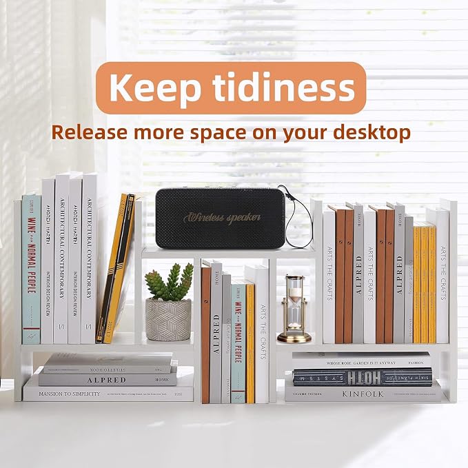 Meikuler Desktop Shelf Organizer, Adjustable Wood Display Desk Shelf, Office Storage Rack Tabletop Bookshelf Multipurpose Shelves for Home Decor, Office, Gifts (Solid White)