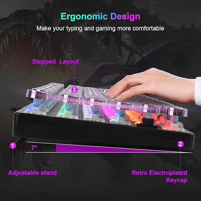 Typewriter Style Mechanical Gaming Keyboard LED Backlit Wired with Blue Switch Retro Round Keycap 104 Keys Keyboard (Black 104 Keys LED)