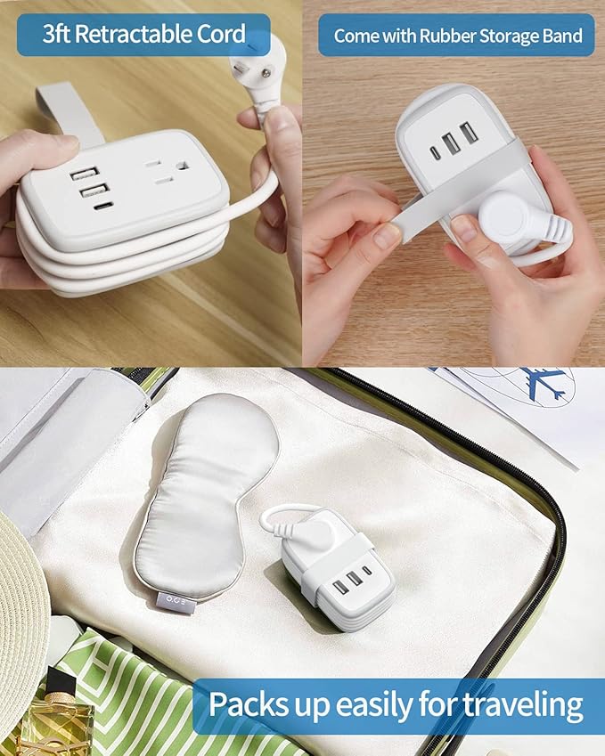 2 Pack Power Strip with USB C Ports, 2 Outlets 3 USB Ports, NTONPOWER Small Power Strip with 3ft Short Extension Cord Retractable, Compact Size for Travel Home Office Hotel Cruise Essentials, White