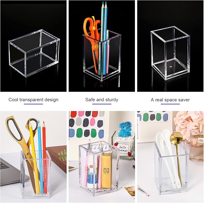 6 Pieces Clear Acrylic Pen Holder Makeup Brush Holder Desktop Holder Desk Goth Accessories Square Stationery Organizer, Transparent Pencil Holder Acrylic for Home Office School