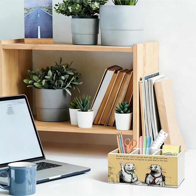 Funny Otter Pen Pencil Holder for Desk, Otter Gifts for Women Men, Office Humor Gifts for Coworkers Wooden Box Sign Organizer for Office Workplace Desk Accessories Tabletop Decorations
