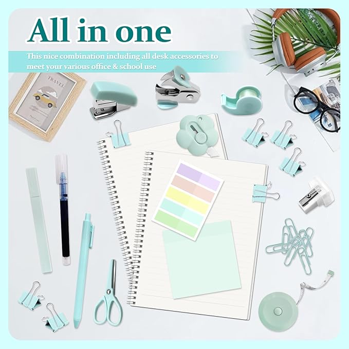 Mini Office Supplies, Teal Mini Stapler with Staples and Tape Dispenser Set, Mini Stationary Kit Includes Sticky Notes Index Tabs Highlighters Gel Pens for Office & School Supplies (Teal)