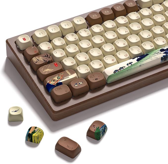 Womier Japanese Keycaps Set 130 Keys MOA Profile for Mechanical Keyboards, Brown Beige Custom PBT Keycaps Set, Dye Sub Side Print, 60 65 75 100 Percent for US Layout Mechanical Keyboard (Fuji)