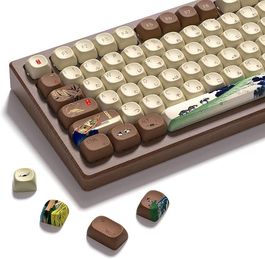 Womier Japanese Keycaps Set 130 Keys MOA Profile for Mechanical Keyboards, Brown Beige Custom PBT Keycaps Set, Dye Sub Side Print, 60 65 75 100 Percent for US Layout Mechanical Keyboard (Fuji)