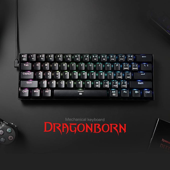 Redragon K630 Dragonborn 60% Wired RGB Gaming Keyboard, 61 Keys Compact Mechanical Keyboard with Linear Red Switch, Pro Driver Support, Black
