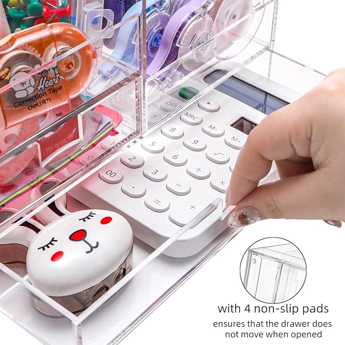 Acrylic Desk Organizer with 2 Drawers, Clear Office Drawer Organizer with Handle, Pencil Pen Holder Storage Desktop Accessories 7 Compartments for Home Makeup Magazine File Art Supply