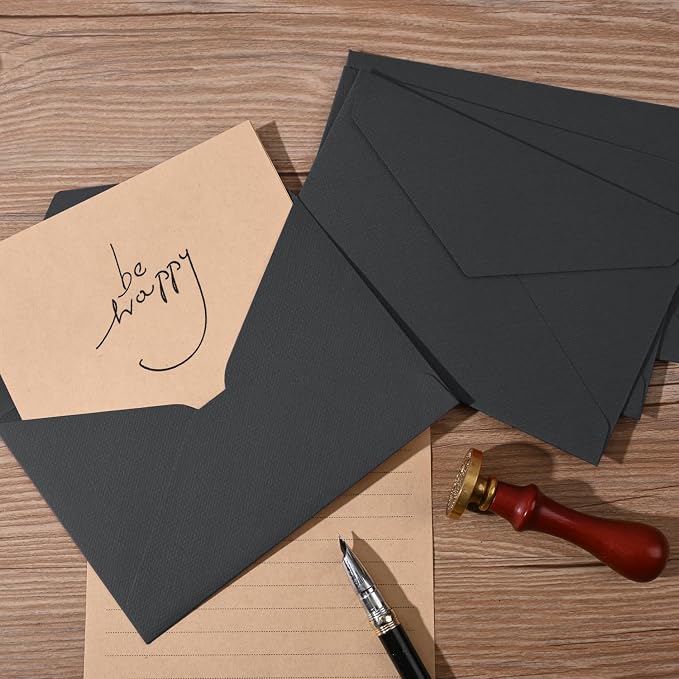 48 Pieces Stationery Set with Envelopes (24 Kraft Paper Sheets + 12 Linen Texture Envelopes+12 Wax Seal Stickers), Stationery Letter Writing Paper Set for Love Letters and Party Invitations (Black)