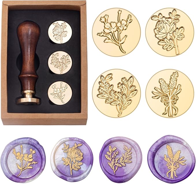 Flower and Plant Wax Seal Stamp Set, Botanical Sealing Stamper Kit, Romantic Rose Elegant Lavender Eucalyptus Leaf Cosmos Floral Pattern Brass Head for Wedding Invitation Card Envelope Planner Journal