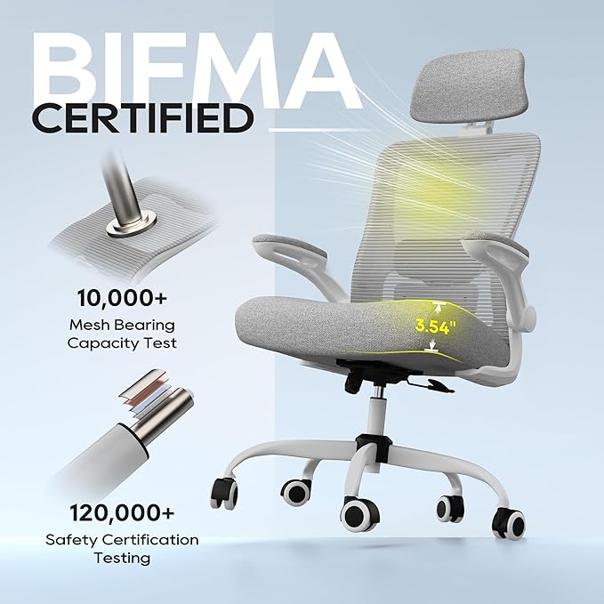 Ergonomic Office Chair, High Back Mesh Desk Chair with Adjustable Lumbar Support & Headrest, Flip-up Armrest, Computer Task Chairs for Home and Executive Office (G-Grey)