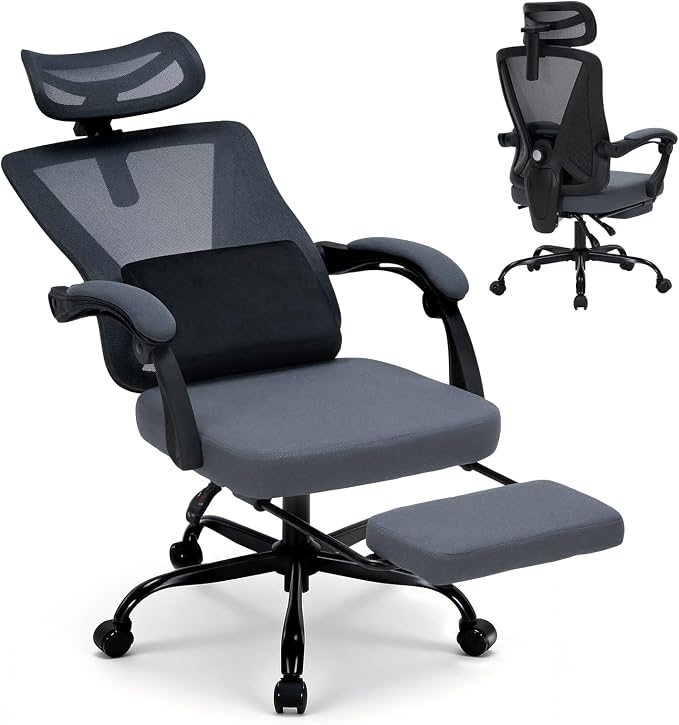 Ergonomic Office Desk Chair with Foot Rest - Adjustable Lumbar Support & Headrest, 90-160° Reclining Mesh Back Computer Chair - Home Office/Gaming for Adults, 400lbs Capacity (Gray)