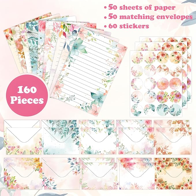 FUNCLASS 160 Pcs Stationery Set Letter and Envelopes – 50 Lined Stationery Paper and 50 Matching Envelopes, 5.5 x 8.25 Inches Letter Writing Stationery for Home, Office, School (Floral)