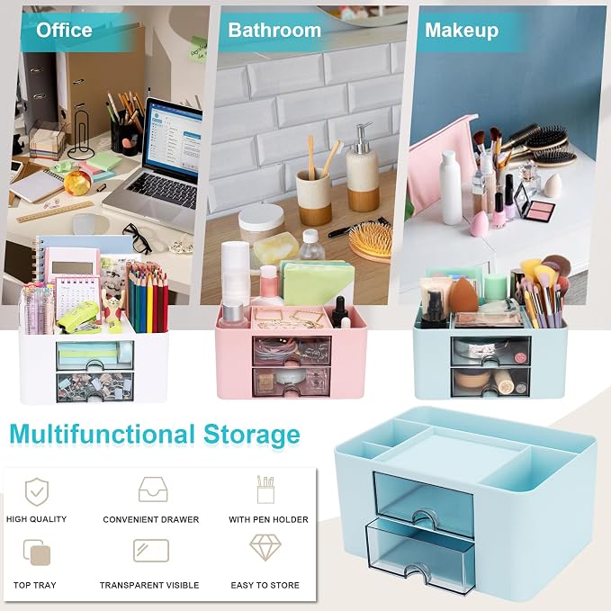 Meiikun Plastic Pen Organizer, Multifunctional Desk Organizer with 2 Drawers, 4 Compartments & a Top Tray, Pencil Holder Desktop Organizers and Accessories for Office, 7.7" x 5.5" x 3.9" (Blue)