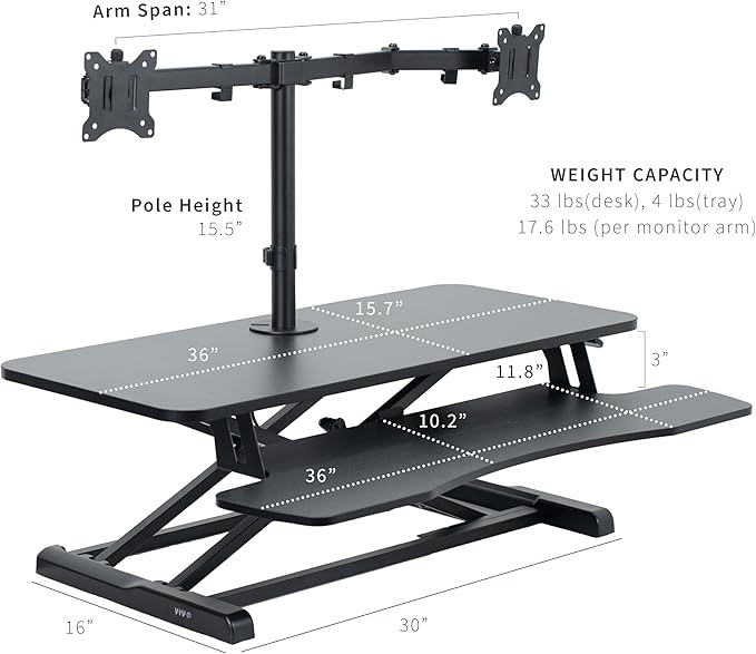 VIVO Height Adjustable 36 inch Standing Desk Converter with Dual 13 to 30 inch Monitor Stand, Sit Stand Monitor Mount and Desk Riser, Black, DESK-V036K-M2