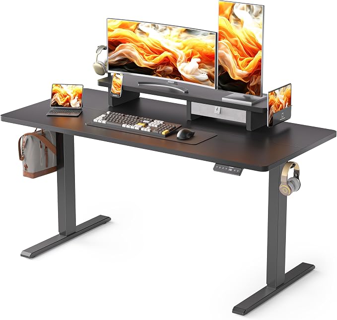 WALKINGDESK 63x24 Inches Electric Standing Desk with Drawer and Monitor Stand, Height Adjustable Sit to Stand up Desk for Home Office, Ergonomic Computer Table with Phone Holder, 3 Hooks, Black