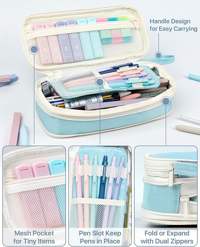Four Candies 56 PCS Stationery Set, Cute Storage Case with Supplies, 6 Multicolor Pens, 12 Pastel Highlighters, 5 Gel Pens Black Ink, 9 Mechanical Pencils for College Essentials Stuff (Blue)