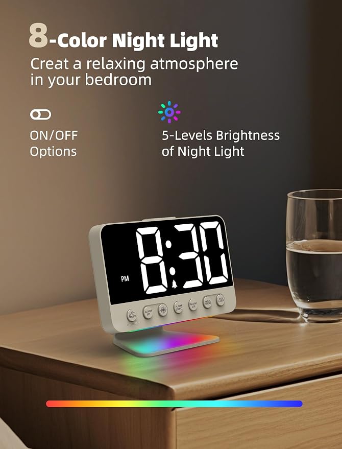 Odokee Digital Alarm Clocks for Bedrooms with Large Bold Number | Electric Desk Clock with Night Light & Brightness Dimmer - Loud Alarm for Heavy Sleepers with Adjustable Volume - Putty