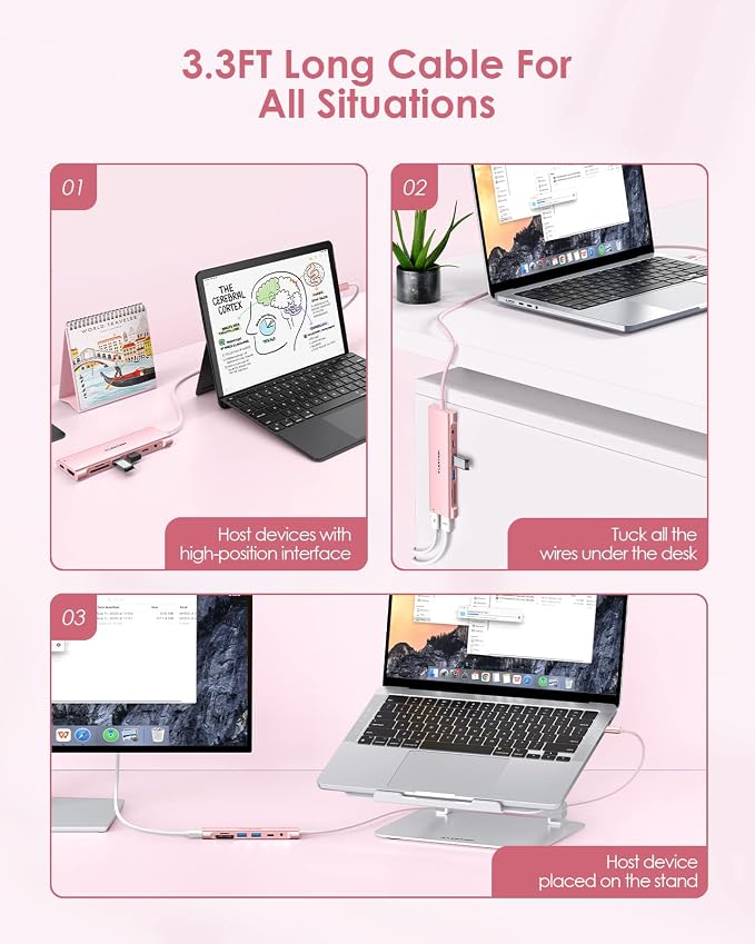 LENTION 3.3FT Long Cable USB C Hub with 4K HDMI, 100W PD, USB 3.0 A&C Data, Card Reader&LED Indicator for MacBook Pro/Air, Dell XPS, HP, Chromebook, Stable Driver Adapter (C37-1M, Rose Gold)