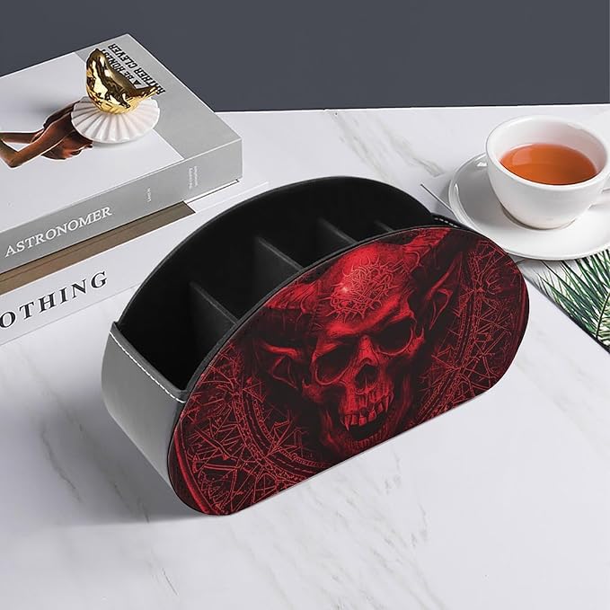 Demon Skull And Horns Remote Organizer Caddy for Table Remote Control Holder Leather TV Remotes Holder with 5 Compartments Remotes Caddy Media Storage Box for Desktop Organization