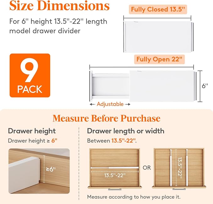 Lifewit 9 Pack 6" High Drawer Dividers 34-56cm/13.5-22" Adjustable Drawer Organizer for Clothes/Utensils, Expandable Drawer Separator in Dresser/Kitchen/Bedroom/Office Organization & Storage White