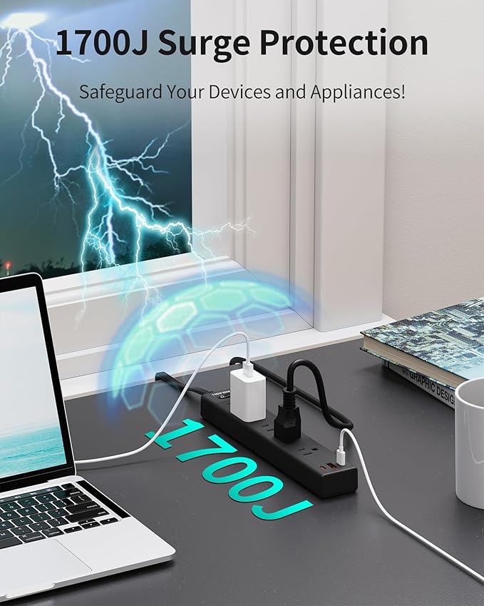 HOPOW Power Strip Surge Protector, 2 Pack, 10 Ft Ultra Thin Flat Extension Cord, Surge Protector with 5 Outlets & 3 USB Ports (2 USB C), 1700 Joules, 3-Prong, Wall Mount for Home Office Dorm, Black
