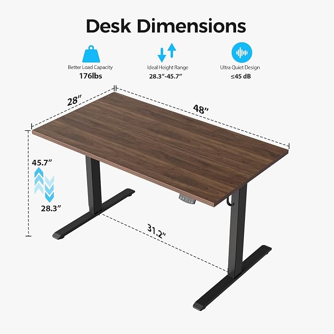 Agilestic Electric Standing Desk, 48 x 28 Inches Height Adjustable Desk, Sit Stand up for Work Office Home, Ergonomic Rising Computer Table with Memory Preset, Dark Walnut