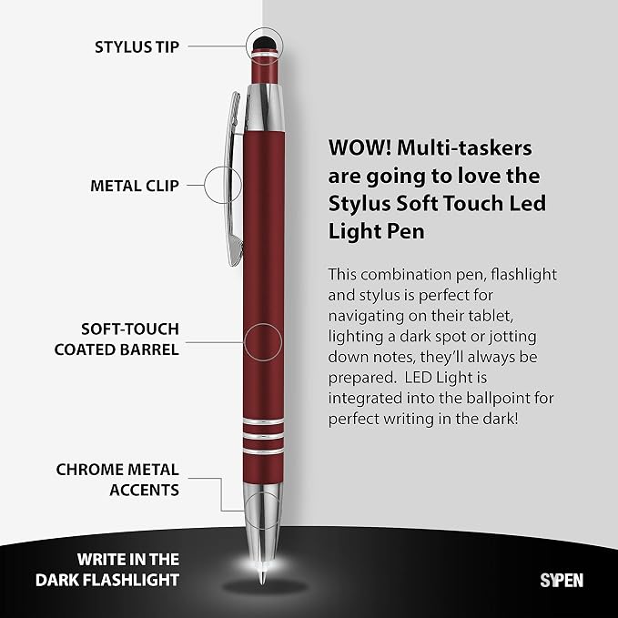 Personalized Pen Gift Set, 2 Rubberized Metal Luxury Ballpoint Pens +Night Writer LED Flashlight +Stylus +Gift Box, Custom Engraved Name,logo,or text Black/Red