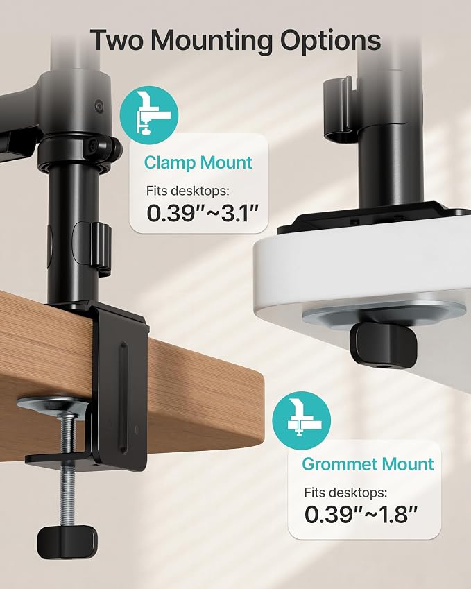 Dual Monitor Stand for 17-32 Inch Screens, Gas Spring Arms | Full Motion Mount with Cable Management, Support up to 19.8 lbs，Computer Monitor Arm with Clamp/Grommet Base