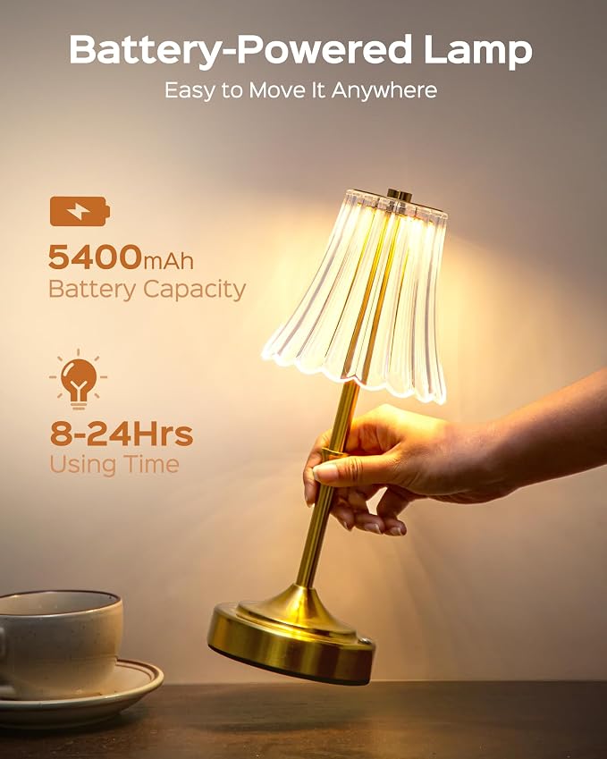 JACKYLED Vintage Cordless Table Lamp, Acrylic Crystal Flower Lamp Shade, 3 Colors Dimmable LED Golden Lamp, 5000Capactiy powerOperated Rechargeable Lamp for Kitchen Counter Home Decor