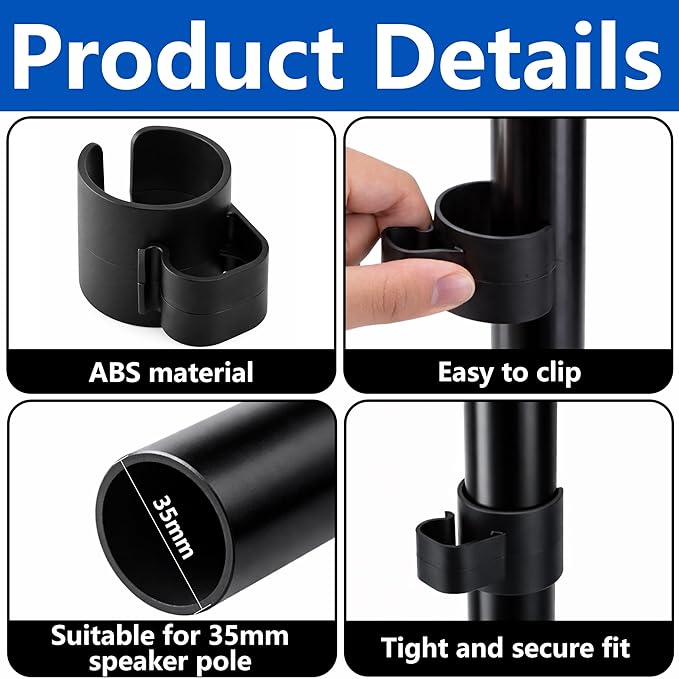 18 Pcs 35mm Speaker Pole Cable Clips, Pole Cable Management Clips | Sturdy Flame-retardant PP Material, Easy Snap-on, Secure Firm Clamping, Sufficient Kit for Multiple Audio-visual Devices