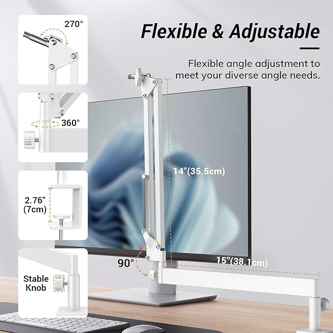 Tonor Mic Arm Desk Mount, Low Profile Boom Arm for Microphone, Adjustable Mic Stand with Desk Mount Clamp, 3/8’’ and 5/8’’ Screwadapter for Most Micr, 38 cm +35 cm(15''+14''), White, T20LP