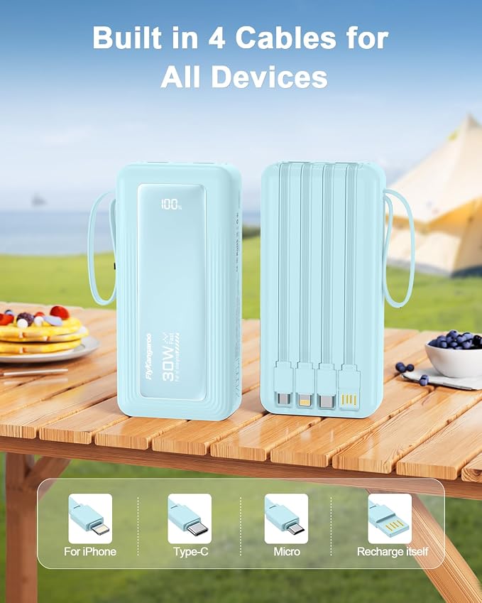 Portable Charger with Built-in Cables, 27000mAh Slim 22.5W Fast Charging Power Bank with LED Display, USB C Battery Pack 6 Outputs & 2 Inputs, Travel Essential Charger for iPhone, Samsung, Google etc