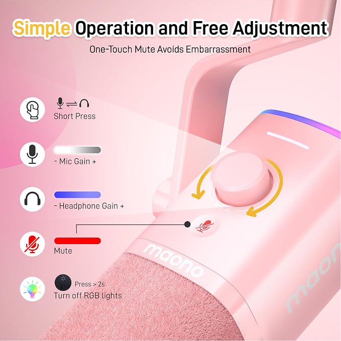 MAONO XLR/USB Gaming Microphone for PC, Dynamic Computer Mic for Streaming Podcasting, Noise Reduction, Mute, Volume Control, RGB Boom Mic for Vocal Recording,Voice-Over, PD100XS Pink