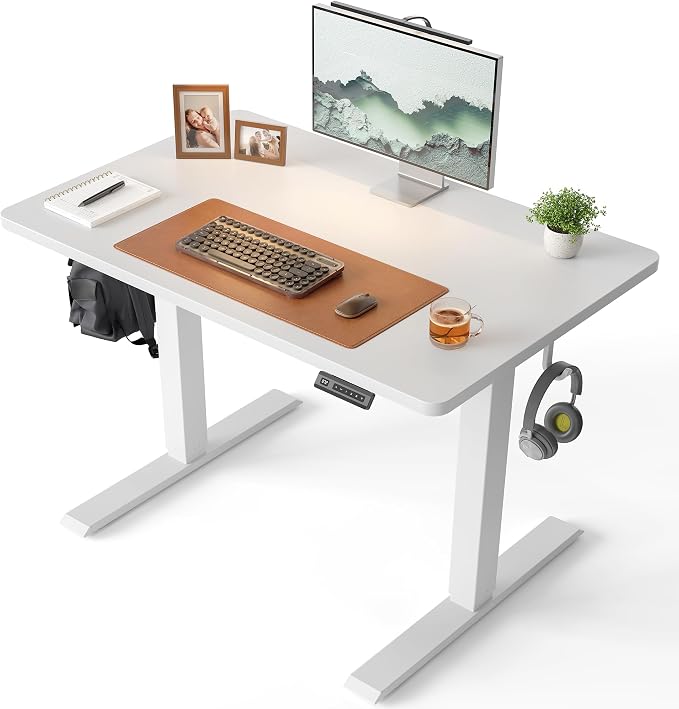 CubiCubi 32 x 20 Small One-Piece Standing Desk, Adjustable Height Electric Computer Home Office Sit Stand up Workstation, with 4 Memory Presets, Headphone Hook, White