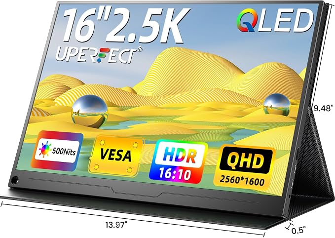 UPERFECT 2.5K QLED Portable Monitor, 16" 2560x1600 QHD Portable Gaming Monitor 120% sRGB HDR Laptop Monitor w/VESA & Smart Case Matte Eye Care External Second Screen for PC Laptop Phone Game Console