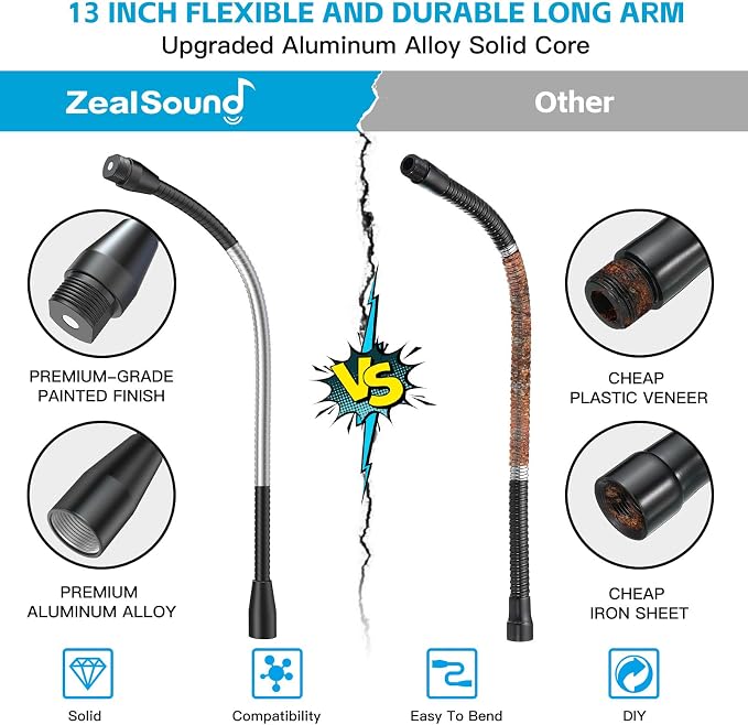 ZealSound Multifunction Metal Hose Arm, 13 inch Microphone Gooseneck, Stand Extension for Mic Floor Stand