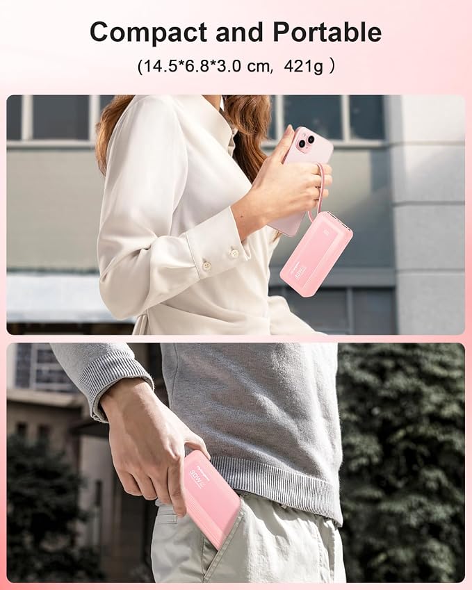 Portable Charger with Built-in Cables, 27000mAh Slim 30W Fast Charging Power Bank with LED Display, USB C Battery Pack 6 Outputs & 2 Inputs, Travel Essential Charger for iPhone, Samsung, Google etc