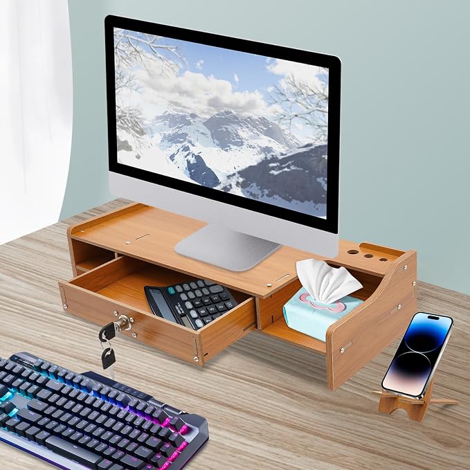 Wood Monitor Riser Drawer with Lock Computer Laptop PC Stand Desk Organizer