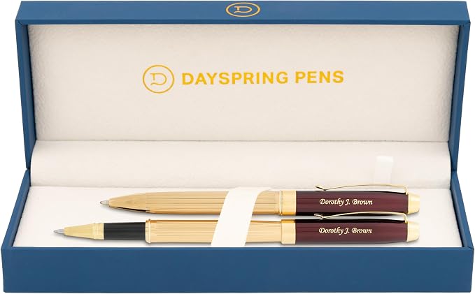 Braxton Engraved Ballpoint and Rollerball Set, Red Lacquer with 18K Gold, Parker G2 and Waterman Refill Compatible, Gift for Graduation, Career Advancement, Retirement, Gift Case Included