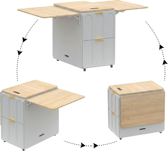 ModernMate 3-in-1 Folding Desk & File Cabinet, Fluted Multi-Storage Workspace with 4 Drawers, Lockable Wheels | Power Outlet | Fits A4/Letter Files, Space-Saving for Small Home Office, Light Walnut