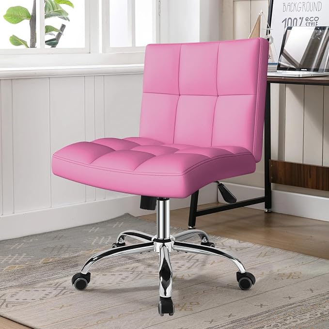 Pink Office Chair with Wheels - 360° Swivel Armless Back Support，Comfortable Pu Adjustable Rolling Desk Chairs for Office，Home，Vanity，Bedroom，Big Space (Widened Pink)