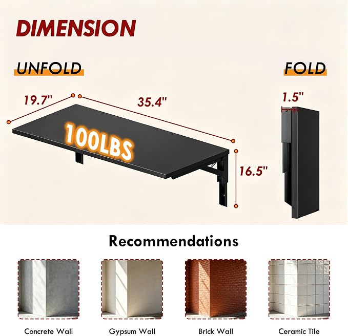 Need Wall Mounted Desk - Heavy Duty Folding Work Table Length 36" Width 20"/Small Space Hanging Desk Perfect Addition to Home/Office/Kitchen & Dining Room AC15CB(9050)