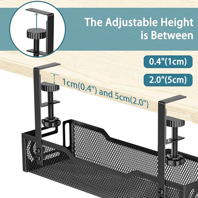 2Pack Under Desk Cable Management Tray, No Drill Mesh Desk Cable Tray | Wire Management Tray Cable Management Rack, Cord Organizer and Cable Management Box (Black)