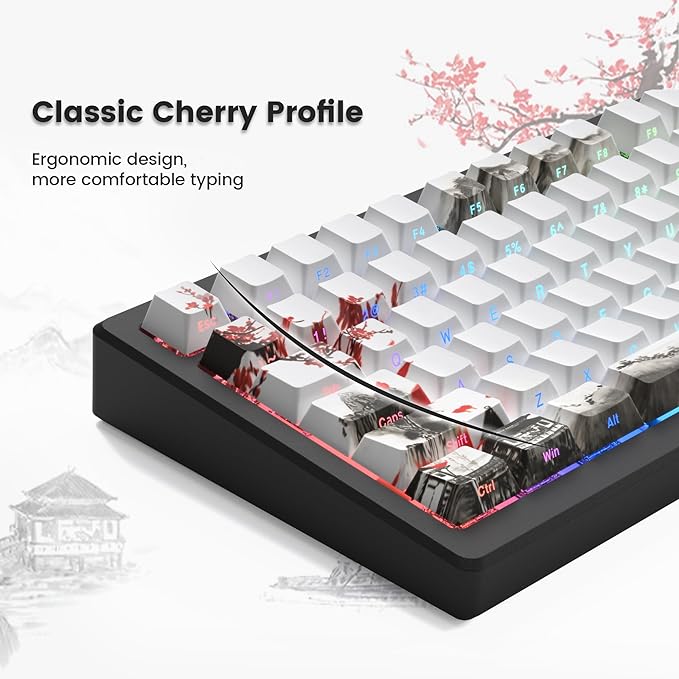Womier PBT Keycaps Set 130 Keys, Custom White Japanese Keyboard Doubleshot Dye Sub Side Print Shine Through Keycaps 60 65 75 100 Percent, Cherry Profile, Cherry Blossom