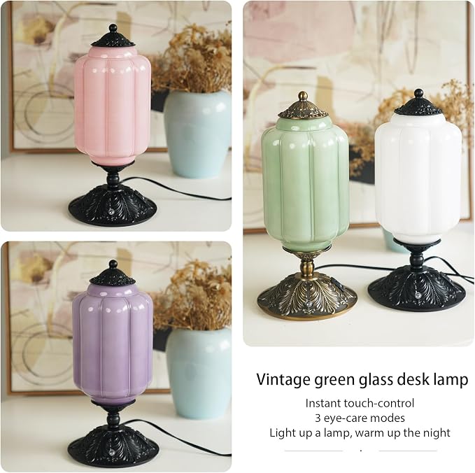 Vintage Touch Bedside Table Lamp, Elegant Green Glass Bedside Desk Lamp 3 Way Dimmable with USB C+A Charging Ports - Bedroom Nightstand & Living Room Essential (White, 6.5)