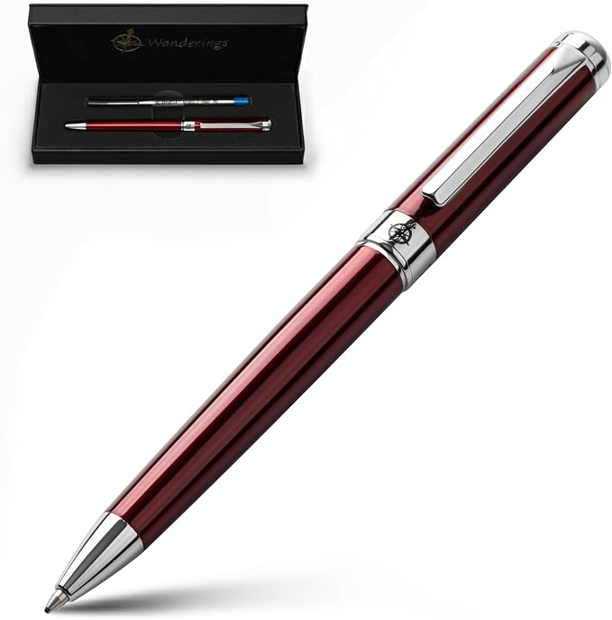 WANDERINGS Premium Ballpoint Pen with German Ink – Perfectly Balanced for a Superb Writing Experience, Chrome Accents – Winefire Red - Includes a Schmidt Refill in a Giftable Presentation Case