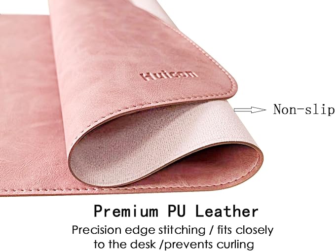 Soft Anti-Curl Faux PU Desk Mat 23.6"x13.8", Waterproof Heat Safe Non-Slip Vintage Desk Pad, Stitched Edge Wipeable Tear Resistant Desktop Protector for Work from Home Office (Pink)