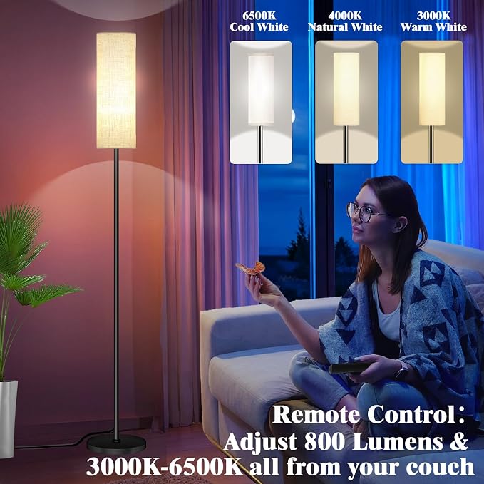 Qaubauyt Smart LED Floor Lamp with APP Control & RGB Colors - Dimmable Standing Lamp for Living Room, Bedroom, Gaming - Remote, Timer, 9W Bulb Included, 67" Modern Tall Lamp (C:Black Beige)