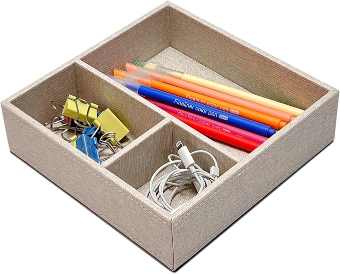 UnionBasic Flat 3-Slot Small Desk Drawer Tray Stationery Sundries Gadget Organizer Storage Box Business Card Holder Key Container, Beige Square