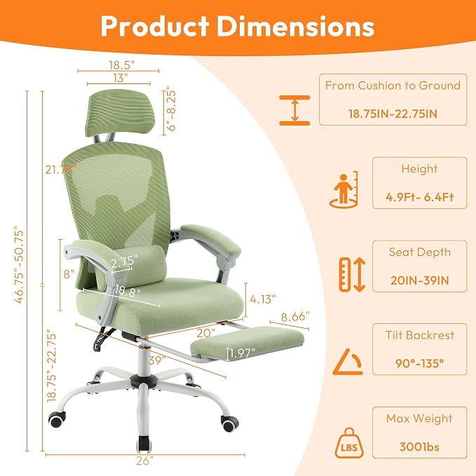 Home Office Desk Chair, Comfortable Mesh Chair with Foot Rest, Light Green | Reclining Gaming Chair with Headrest and Lumbar Support, 90°-130° Reclining, Silent Swivel
